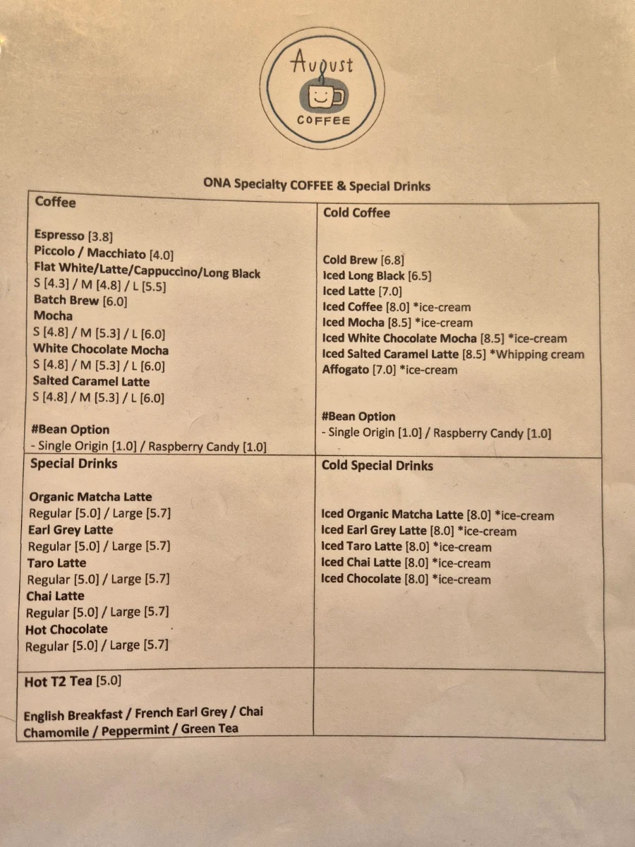 Menu, August Coffee