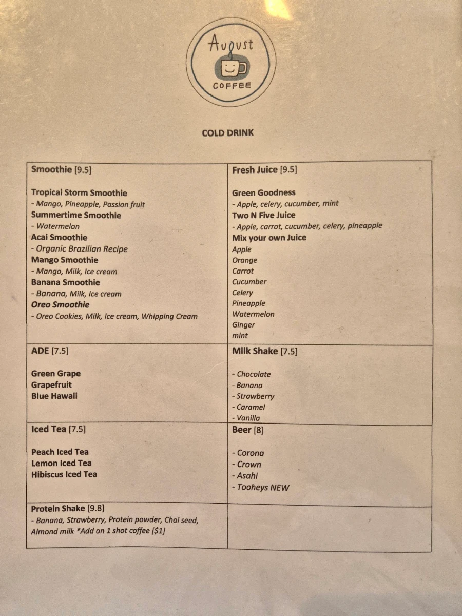 Menu, August Coffee
