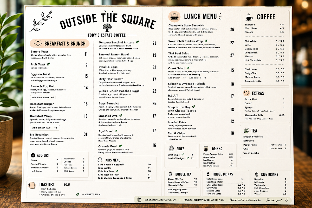 Menu, Outside the Square Cafe