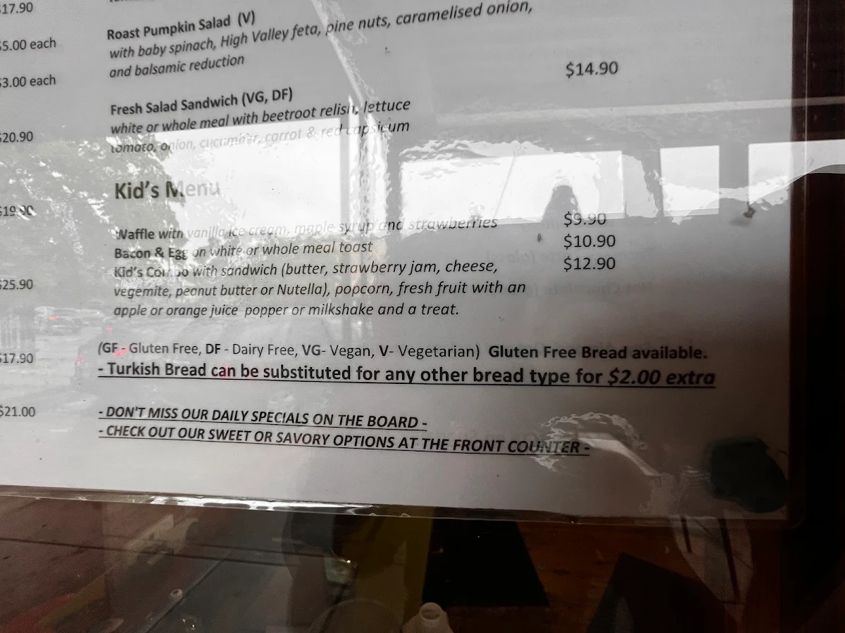 Menu, Outside the Square Cafe