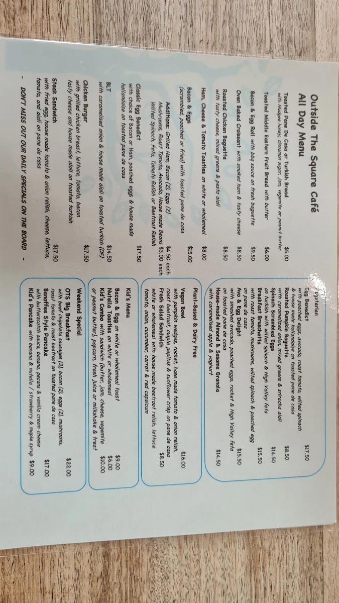Menu, Outside the Square Cafe