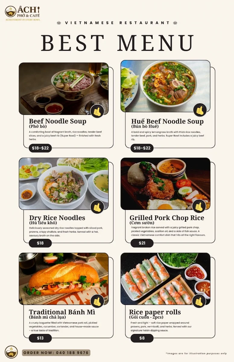 Menu, ACHI PHO & CAFE PTY LTD