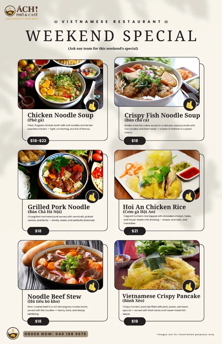 Menu, ACHI PHO & CAFE PTY LTD