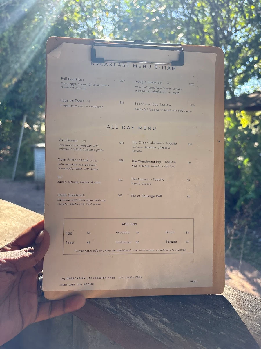 Menu, Herveys Range Heritage Tea Rooms