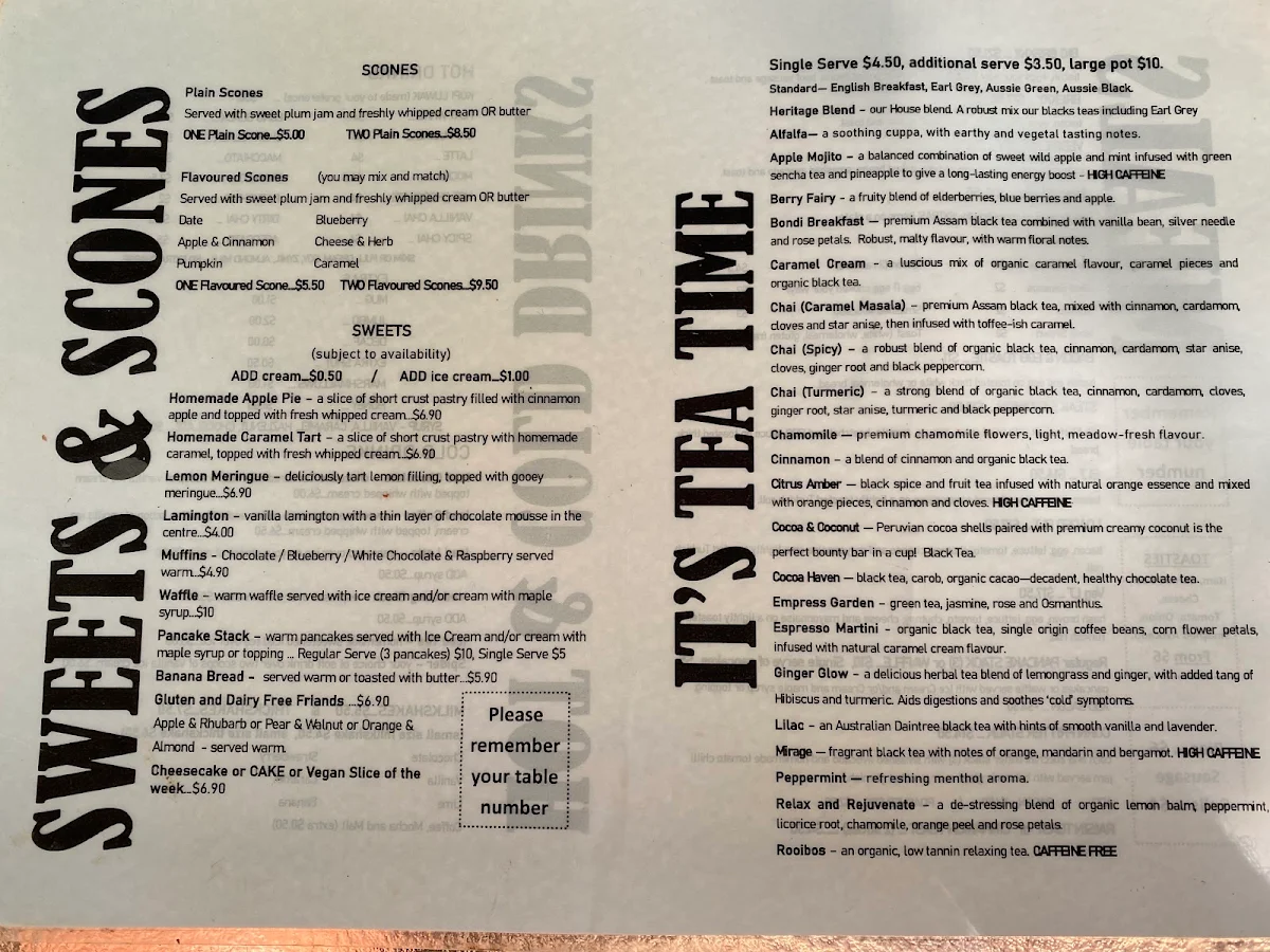 Menu, Herveys Range Heritage Tea Rooms