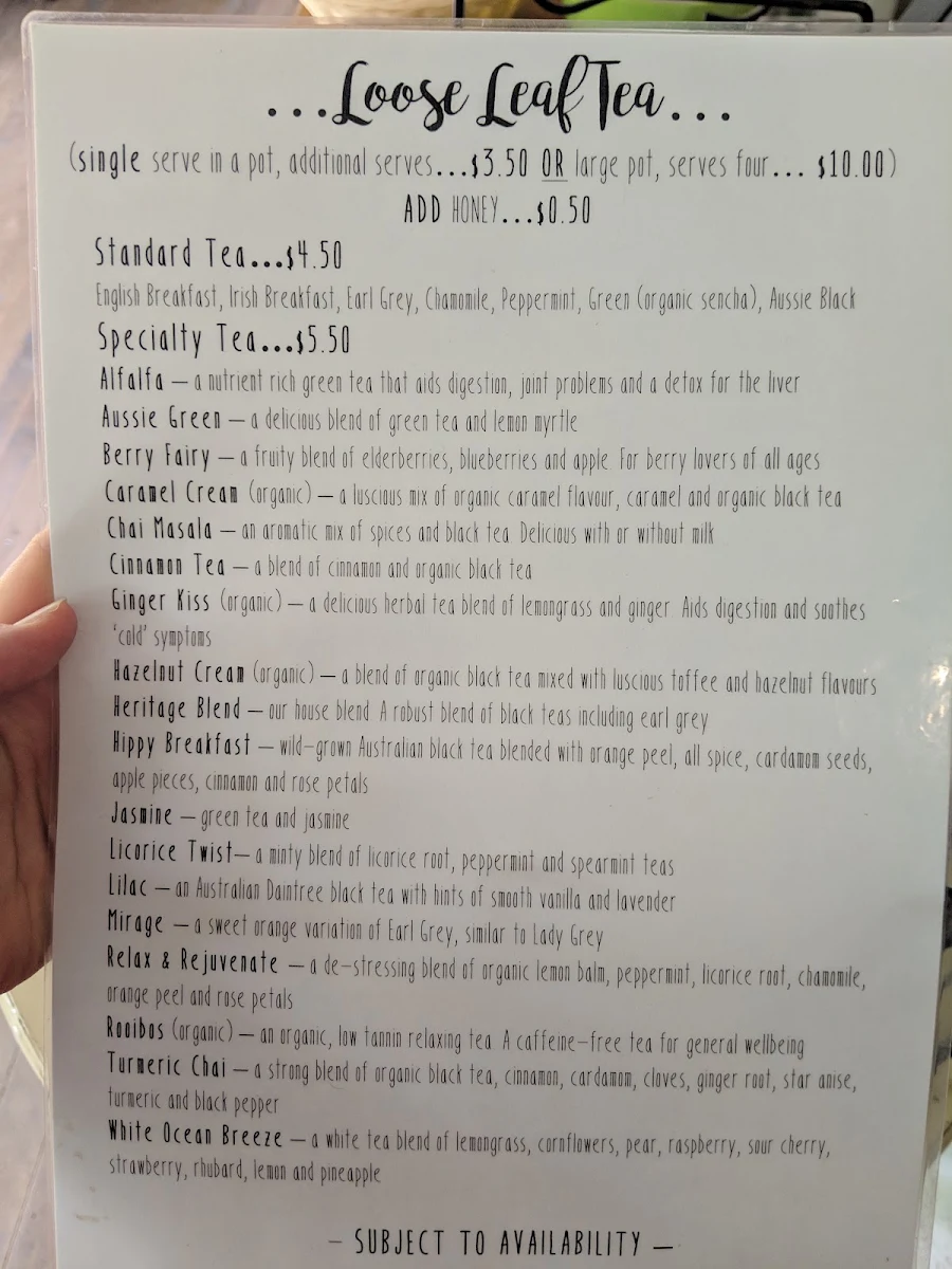 Menu, Herveys Range Heritage Tea Rooms