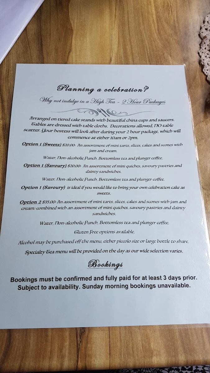 Menu, Herveys Range Heritage Tea Rooms