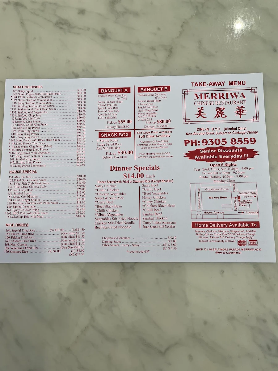 Menu, Merriwa Chinese Restaurant