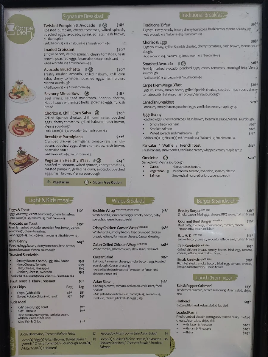 Menu, Carpe Diem Capalaba