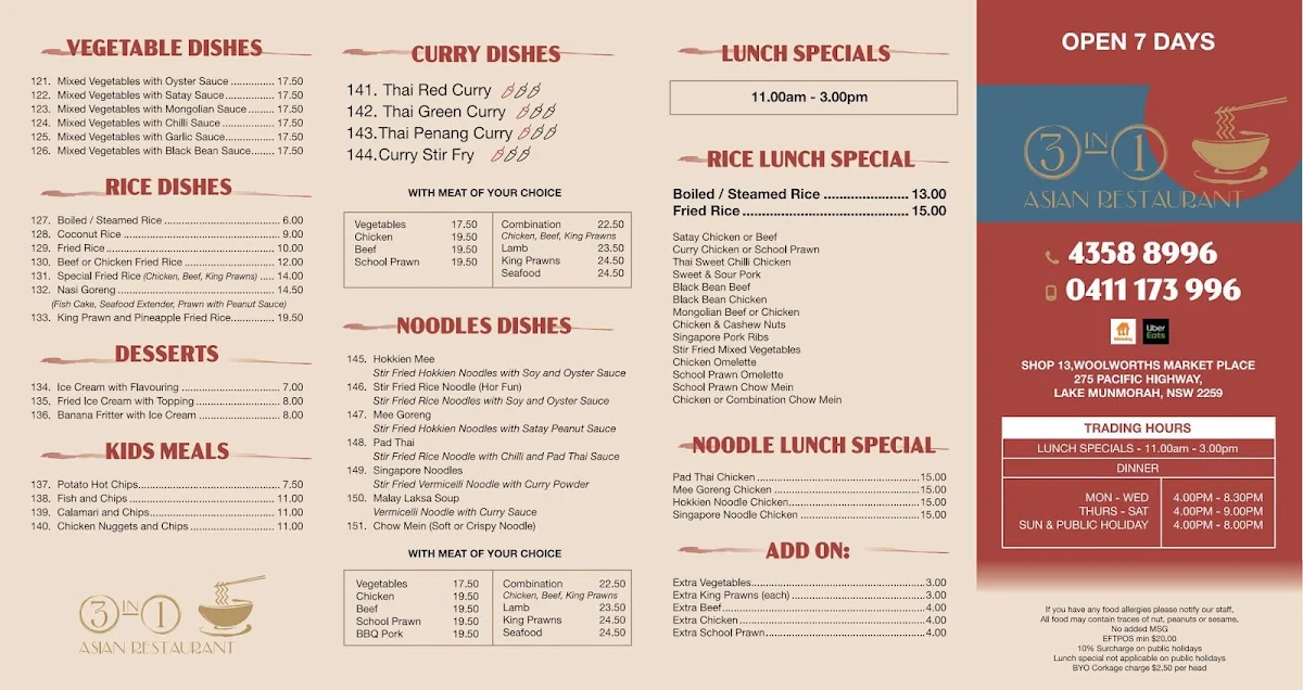 Menu, 3 In 1 Asian Restaurant