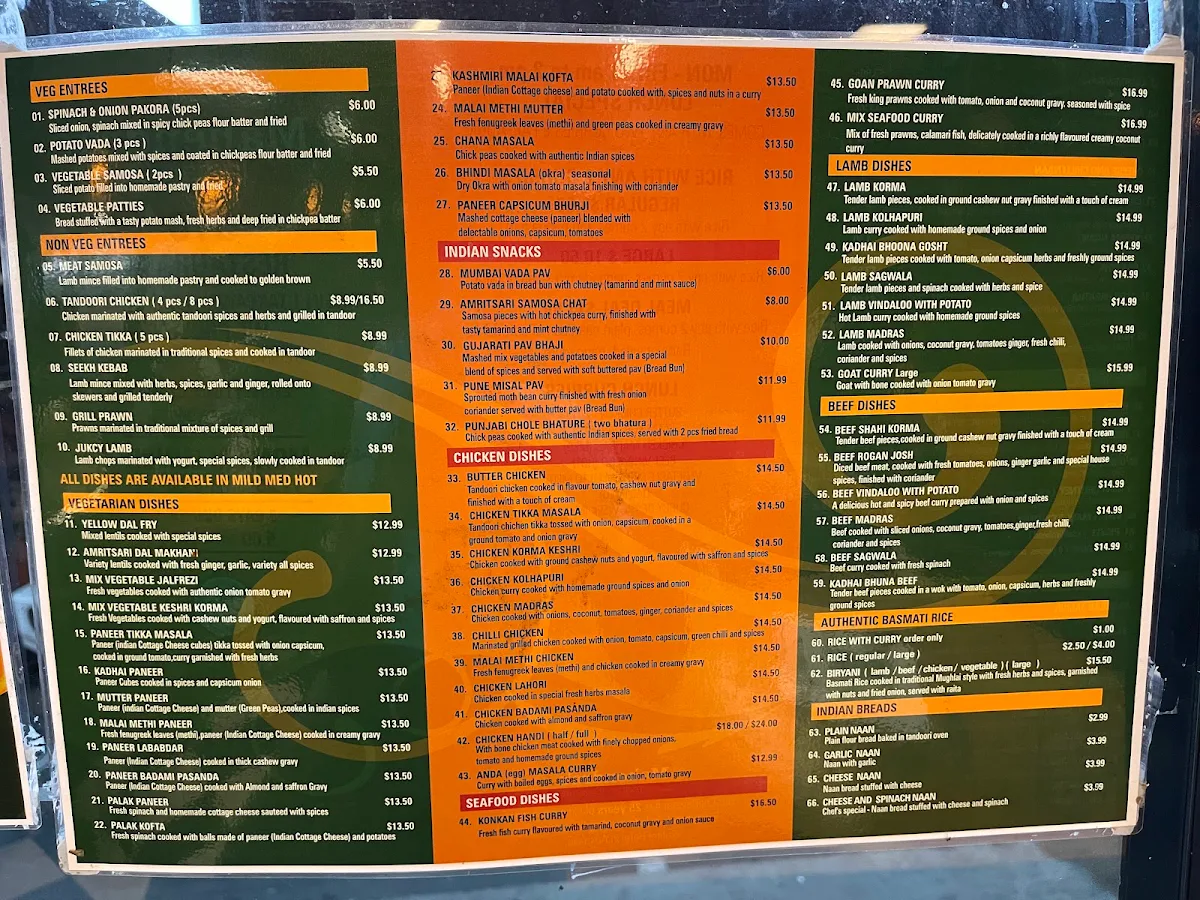 Menu, Mahendra's Indian Cuisine