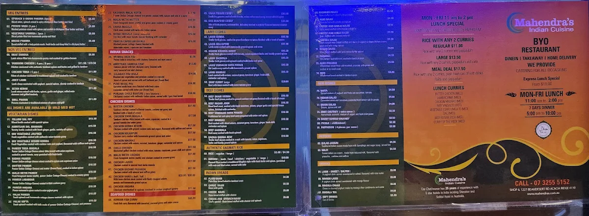 Menu, Mahendra's Indian Cuisine