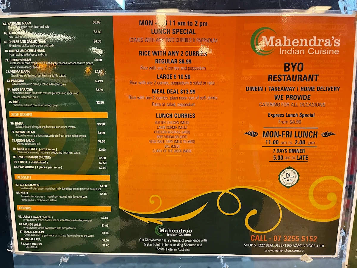 Menu, Mahendra's Indian Cuisine