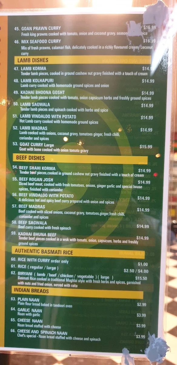 Menu, Mahendra's Indian Cuisine