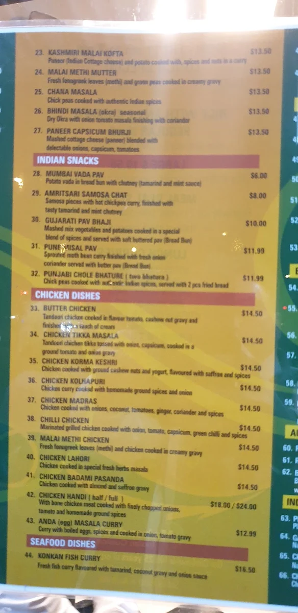 Menu, Mahendra's Indian Cuisine