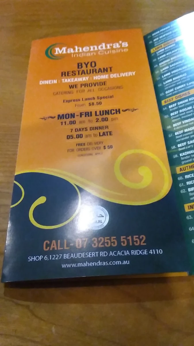 Menu, Mahendra's Indian Cuisine