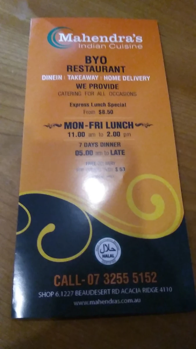 Menu, Mahendra's Indian Cuisine