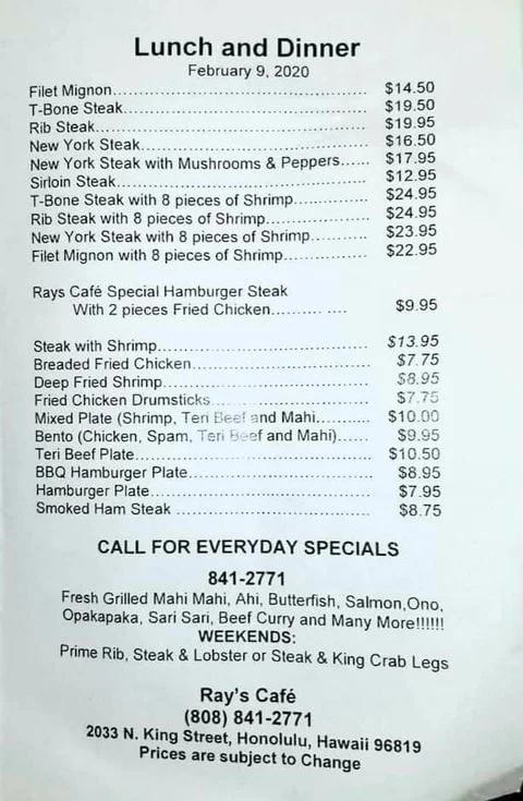 Menu, Rayn's Cafe Bankstown