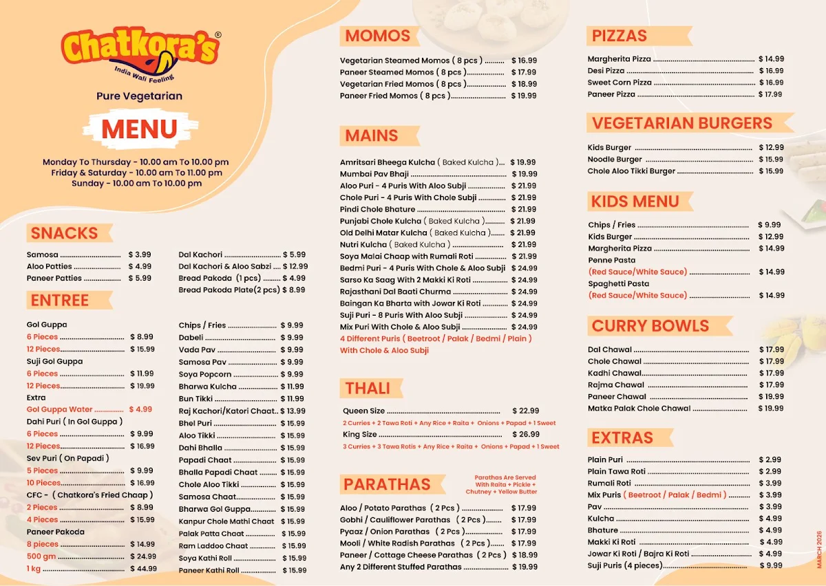 Menu, Chatkora's