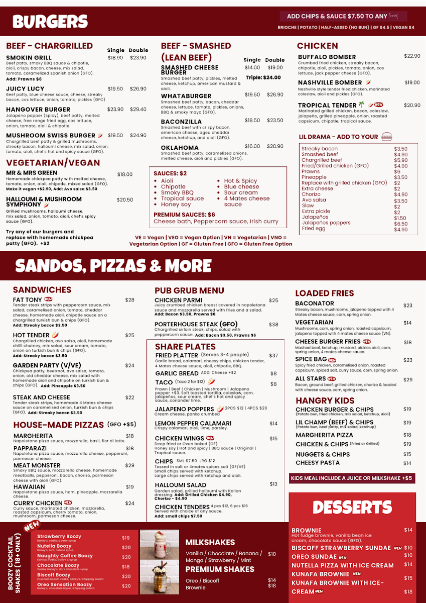Menu, 4 Mates Bar & Grill - Mt Lawley