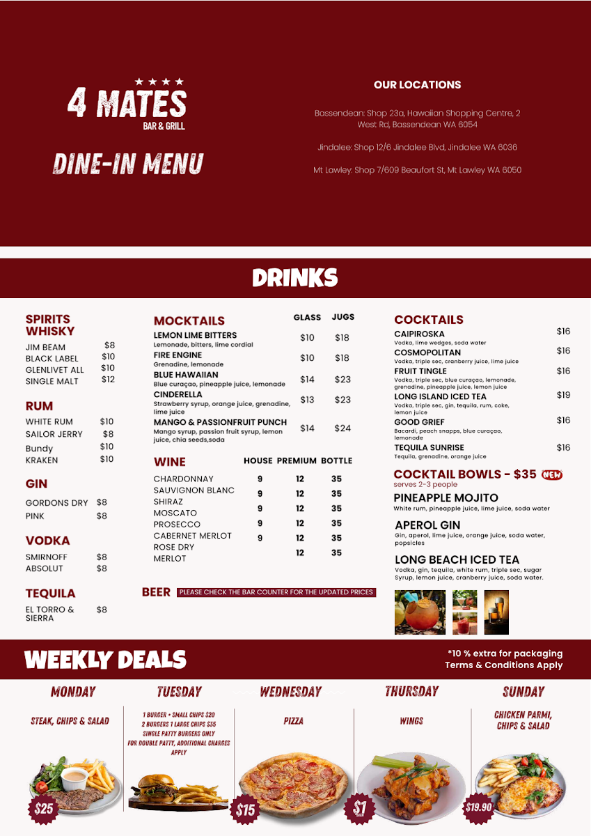 Menu, 4 Mates Bar & Grill - Mt Lawley
