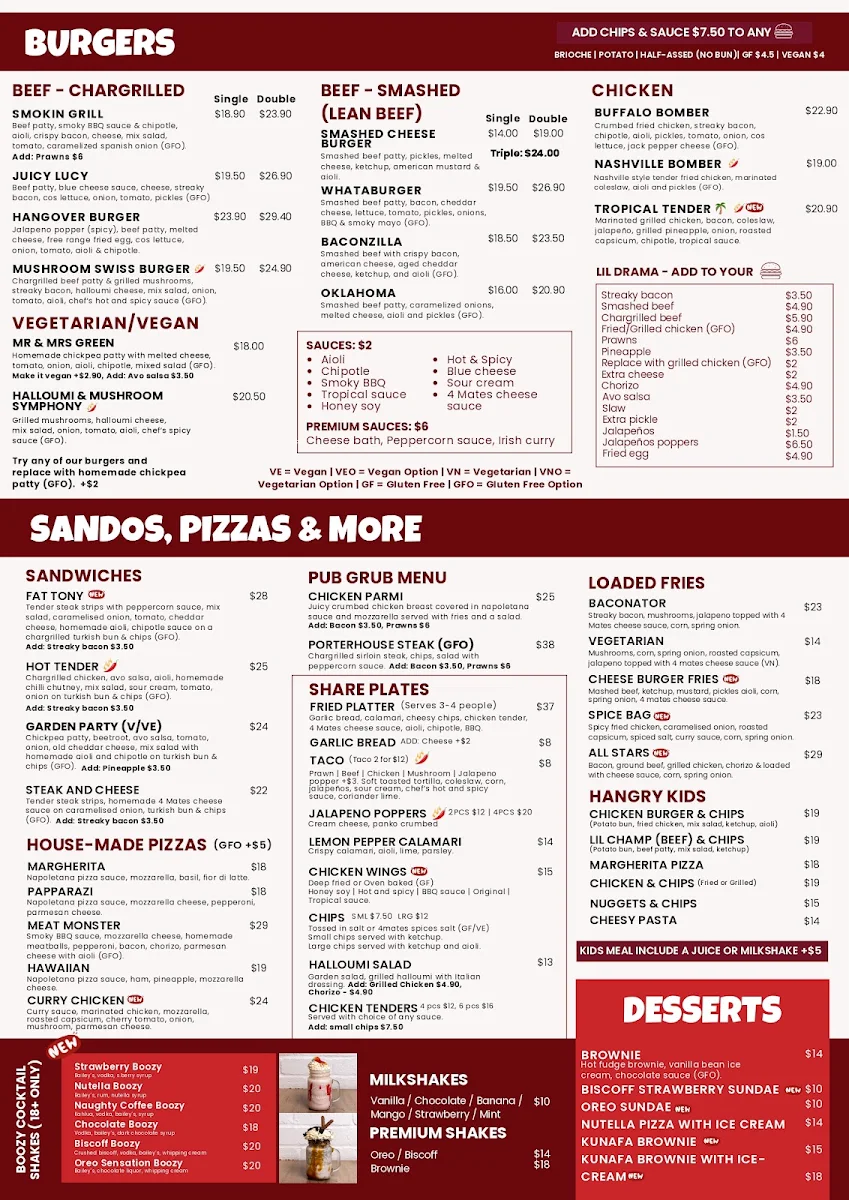Menu, 4 Mates Bar & Grill - Mt Lawley