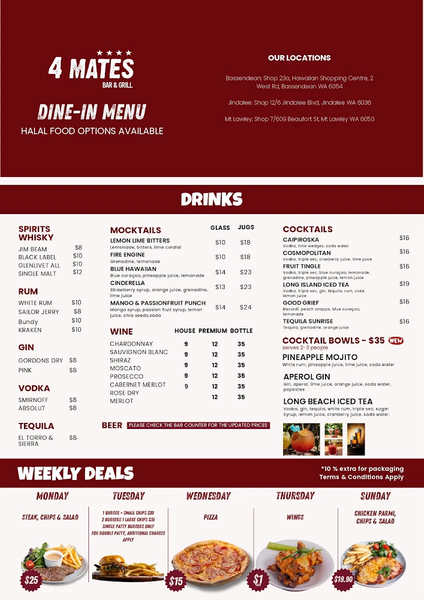 Menu, 4 Mates Bar & Grill - Mt Lawley