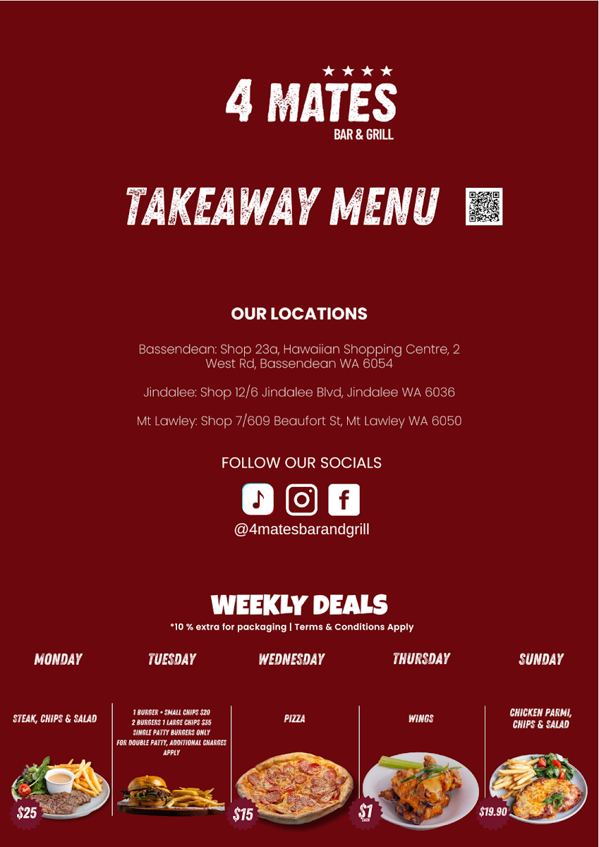 Menu, 4 Mates Bar & Grill - Mt Lawley