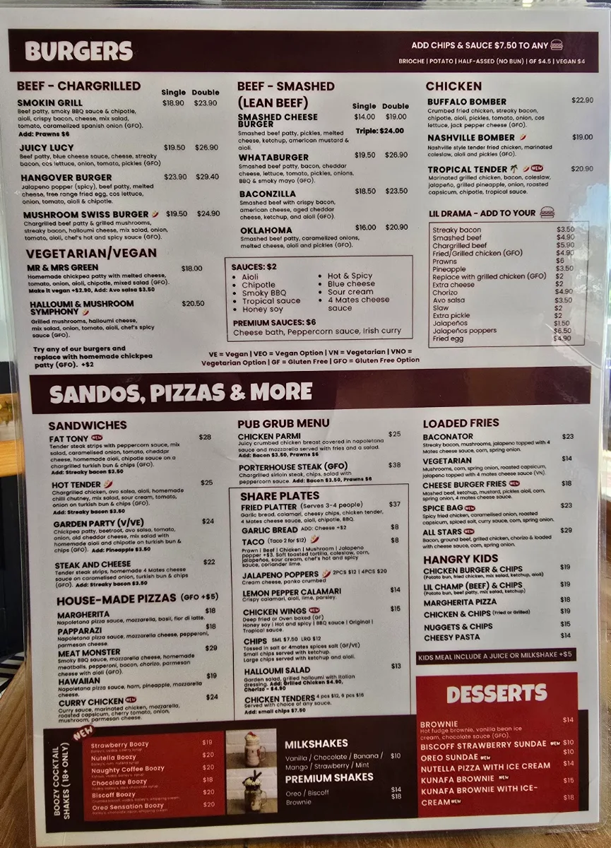 Menu, 4 Mates Bar & Grill - Mt Lawley