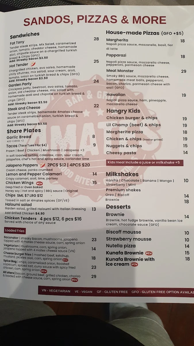 Menu, 4 Mates Bar & Grill - Mt Lawley