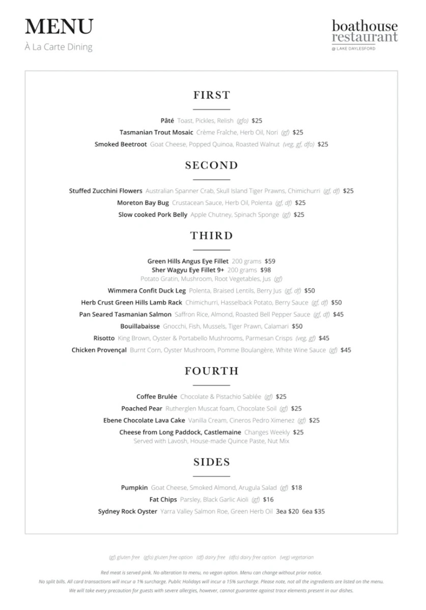 Menu, Boathouse Restaurant Daylesford