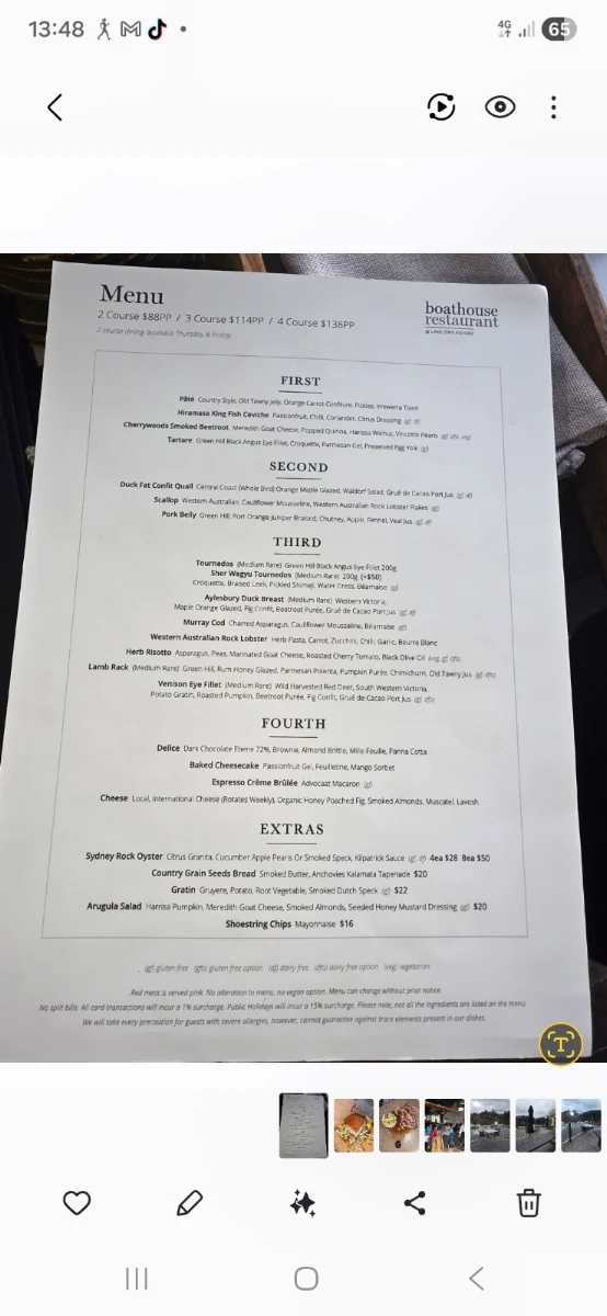 Menu, Boathouse Restaurant Daylesford