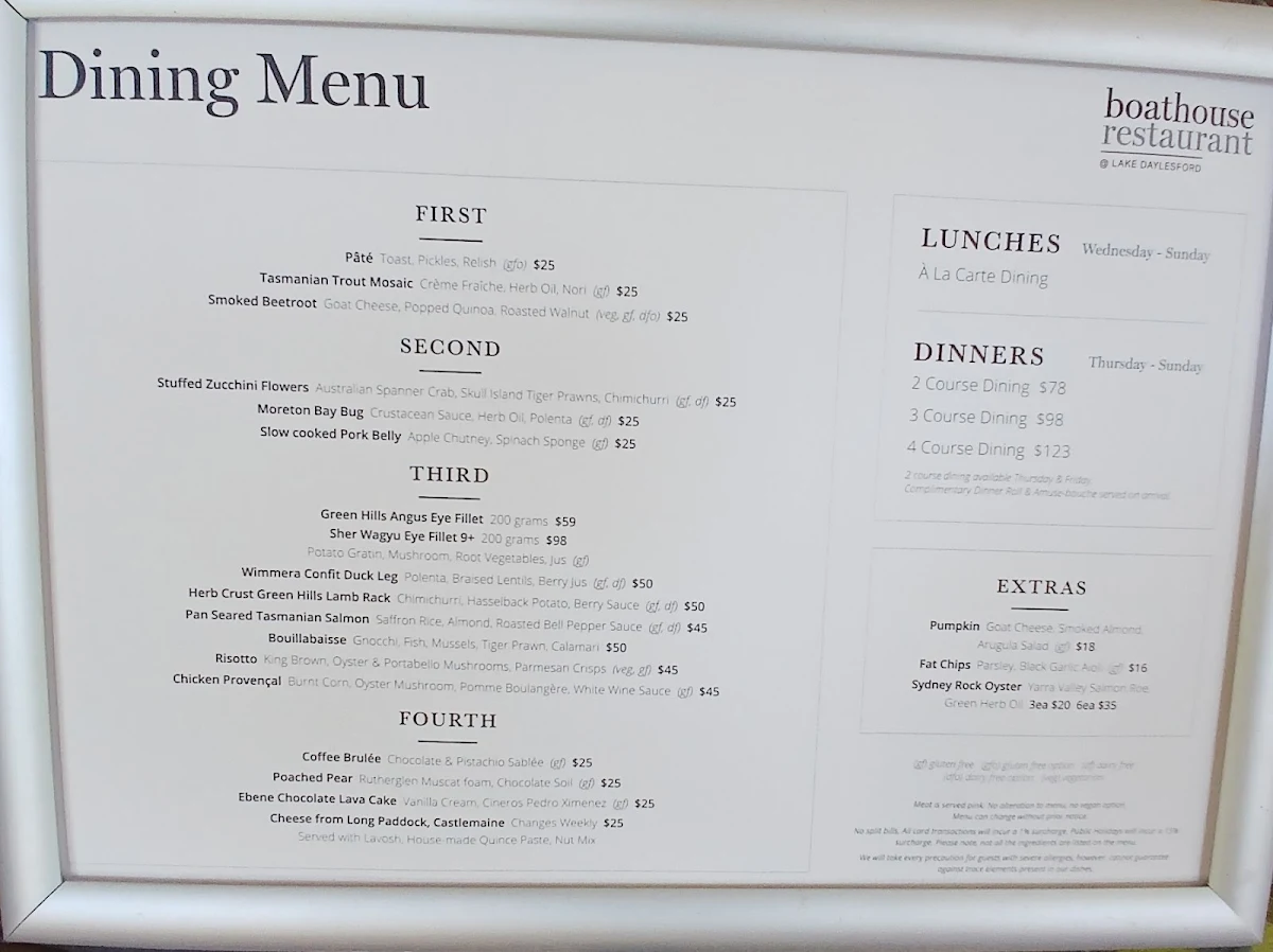 Menu, Boathouse Restaurant Daylesford