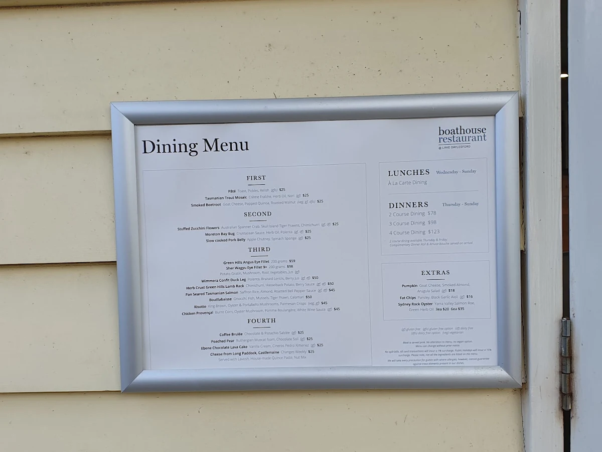 Menu, Boathouse Restaurant Daylesford
