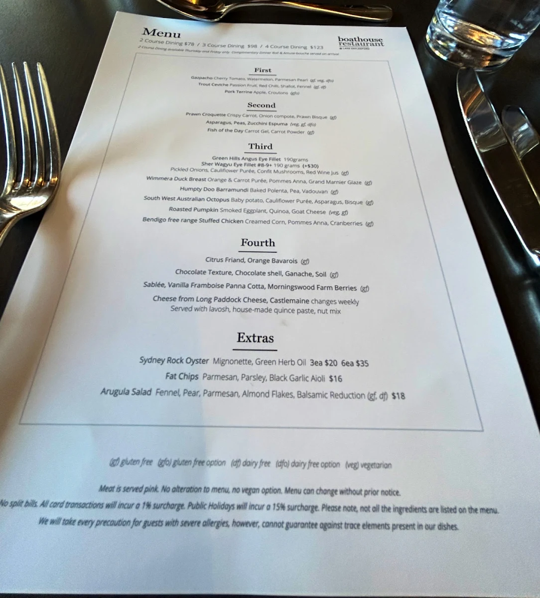 Menu, Boathouse Restaurant Daylesford