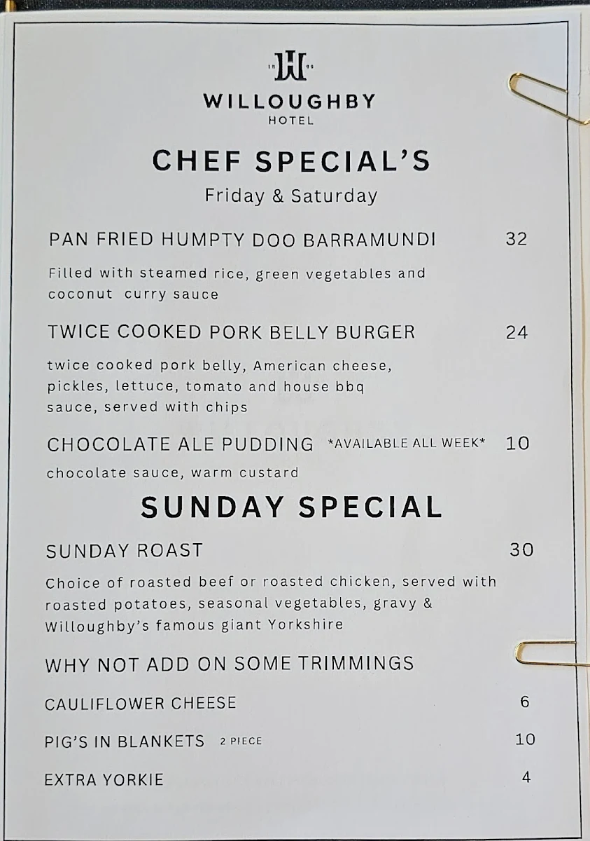Menu, Willoughby Hotel