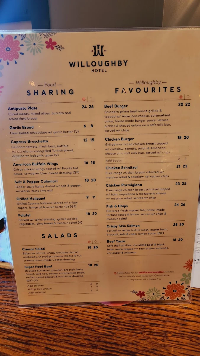 Menu, Willoughby Hotel