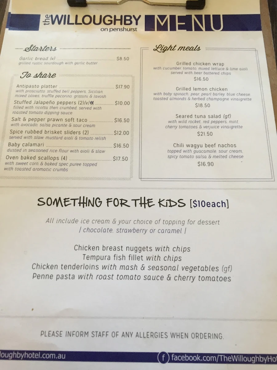 Menu, Willoughby Hotel