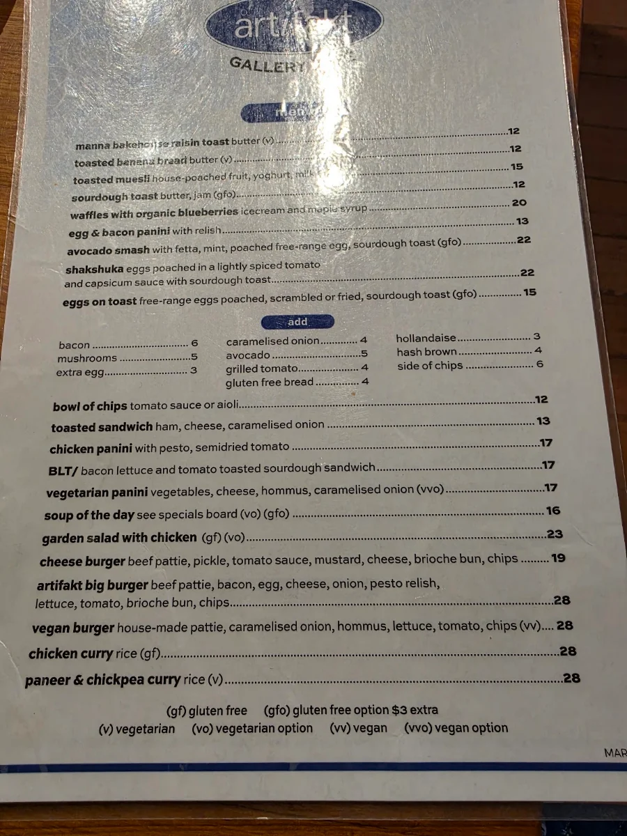 Menu, Artifakt Gallery & Cafe