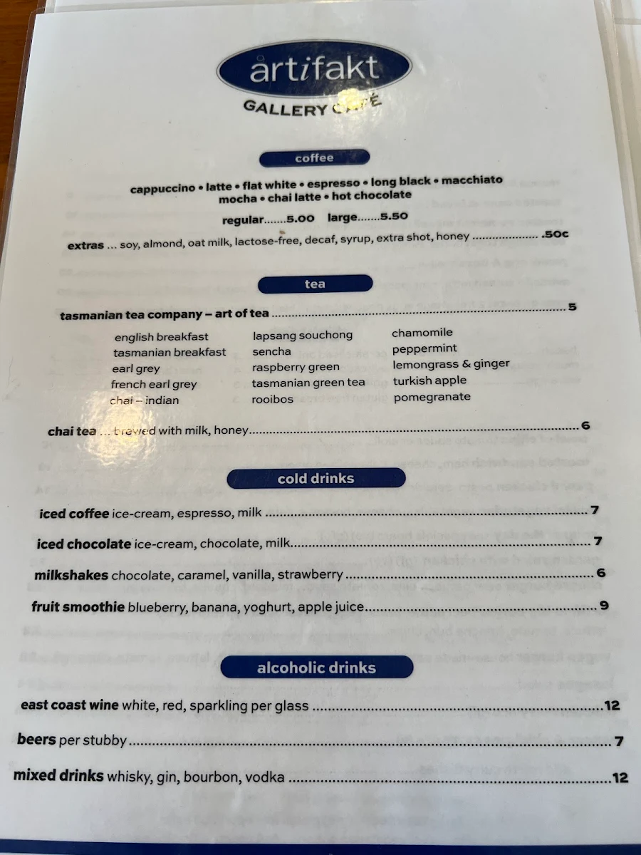 Menu, Artifakt Gallery & Cafe