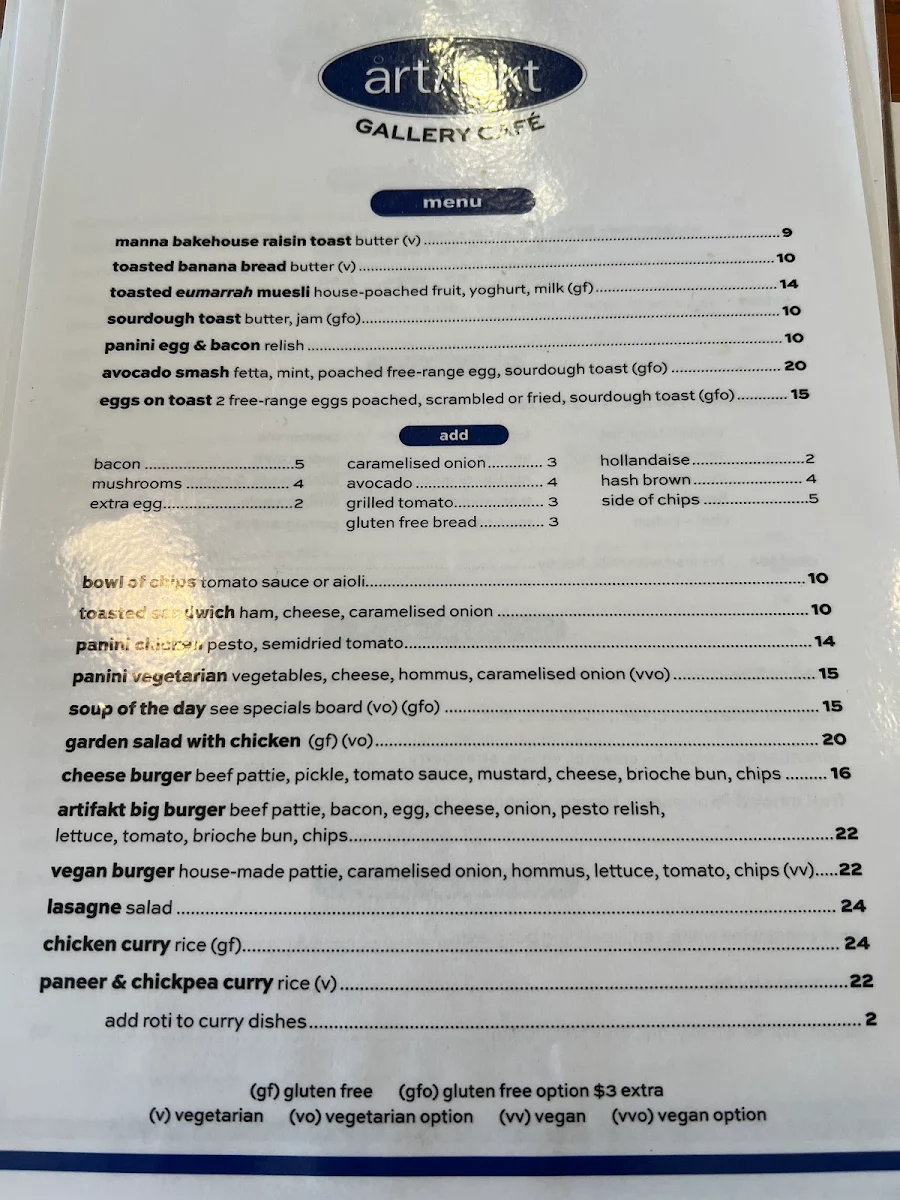 Menu, Artifakt Gallery & Cafe