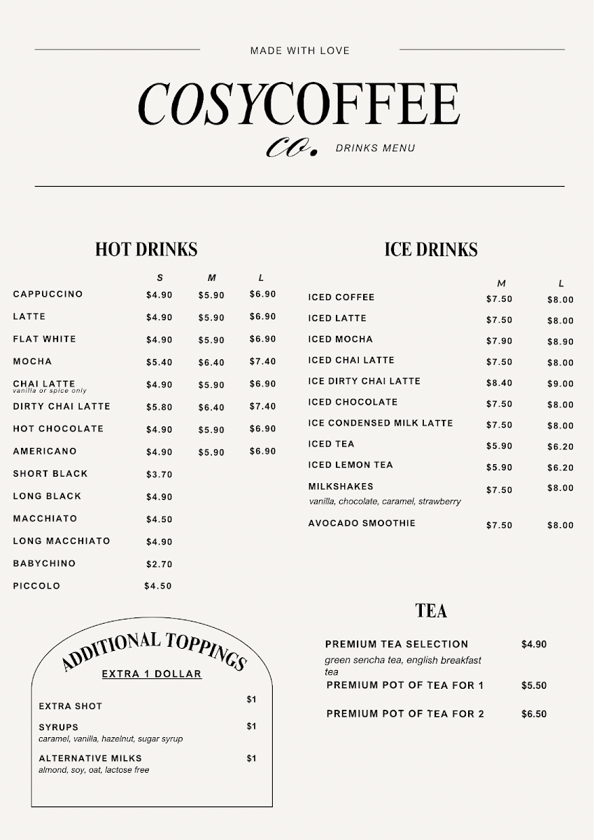Menu, Cosy Coffee Co.
