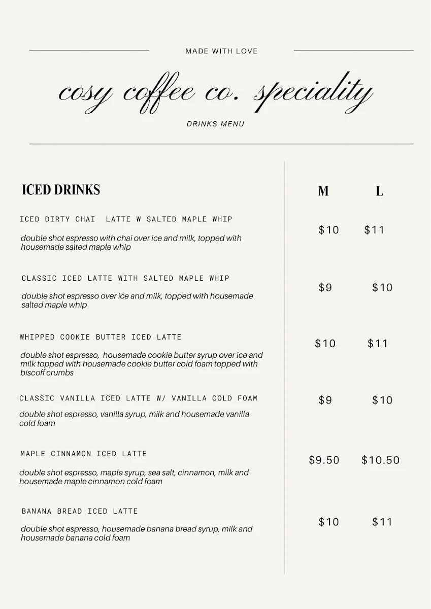 Menu, Cosy Coffee Co.