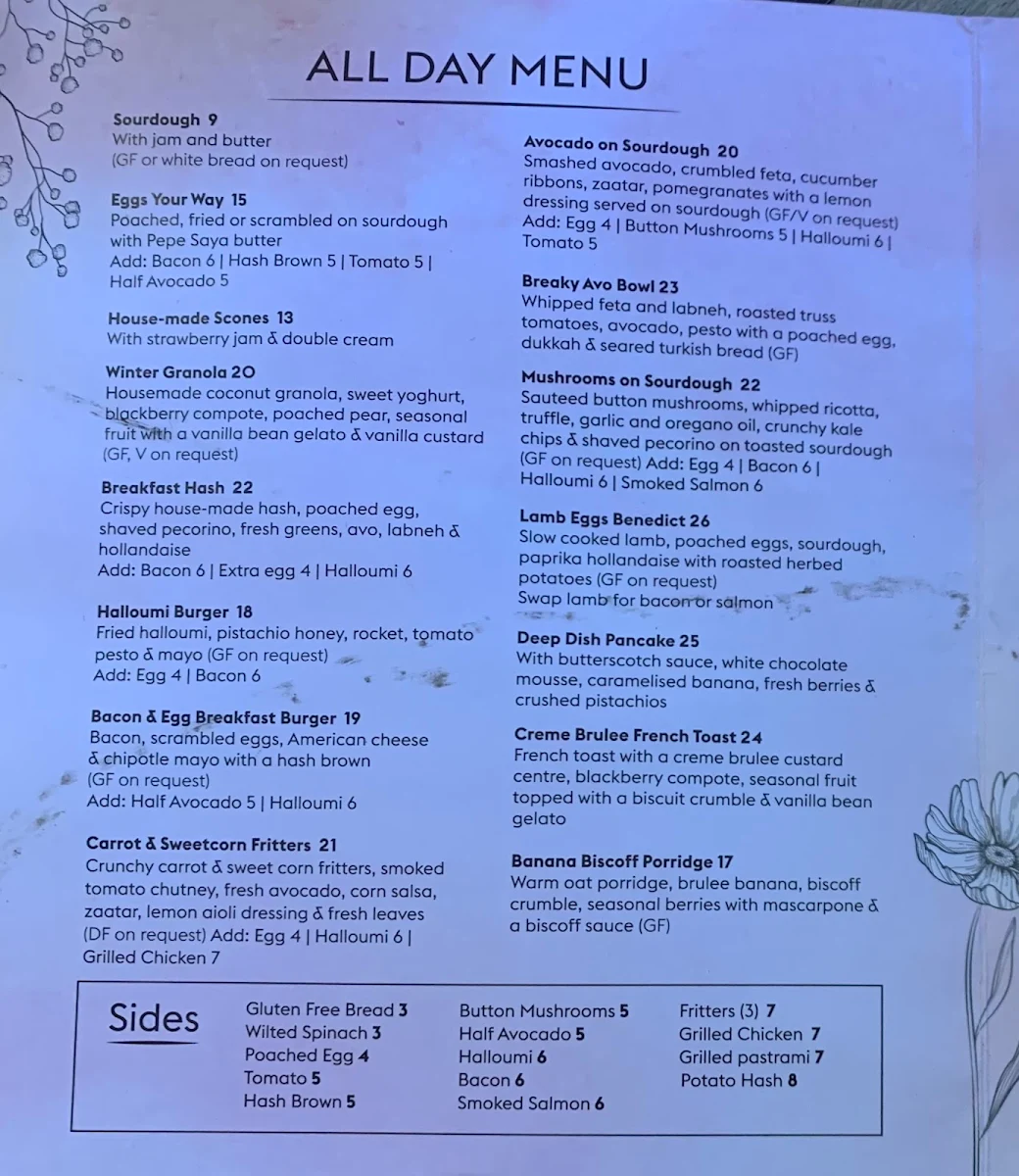 Menu, Percy Plunkett