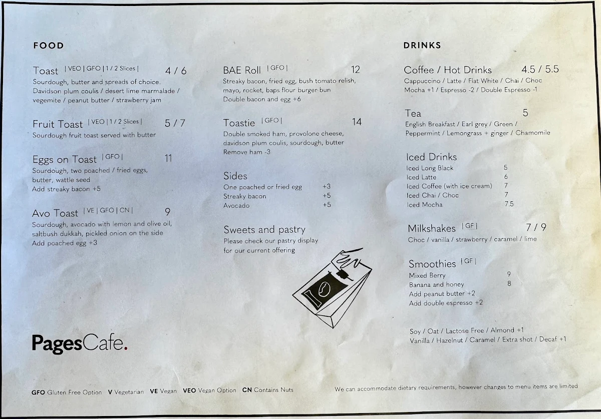 Menu, Pages Cafe Adelaide
