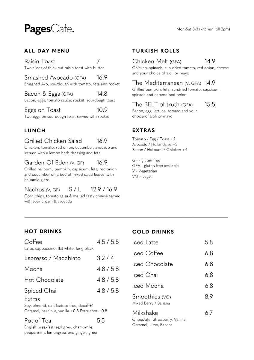 Menu, Pages Cafe Adelaide