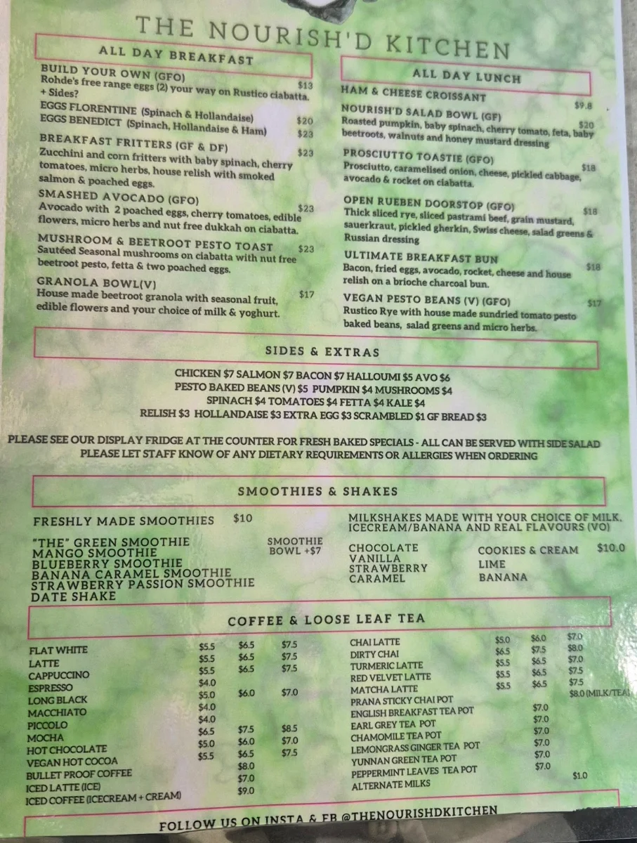 Menu, The Nourish’d Kitchen Cafe