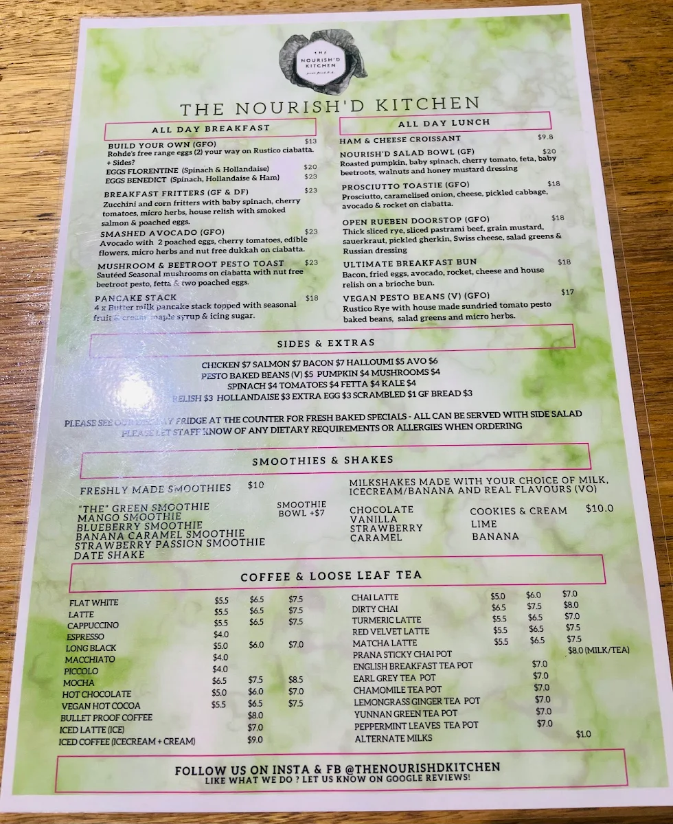 Menu, The Nourish’d Kitchen Cafe