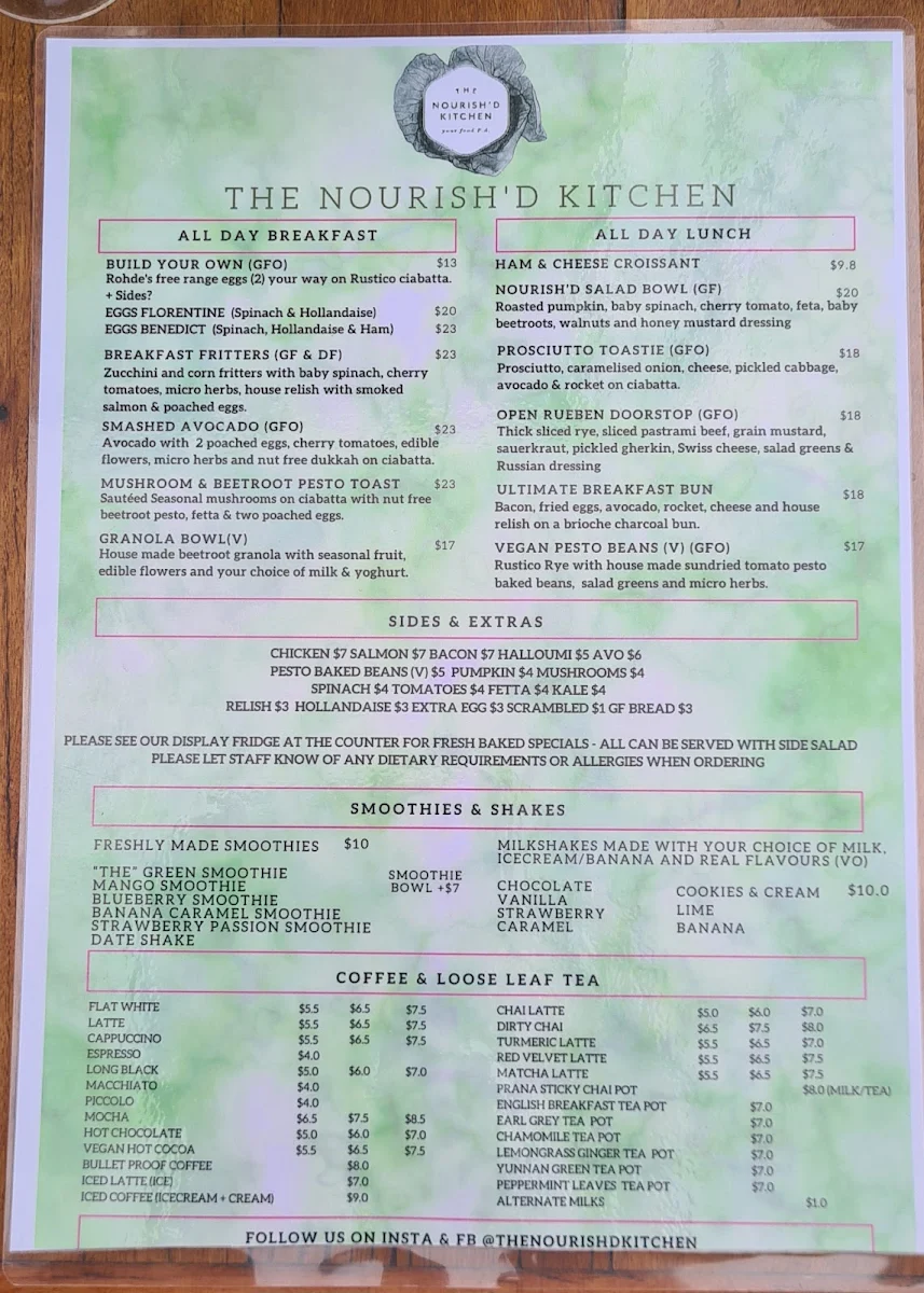 Menu, The Nourish’d Kitchen Cafe