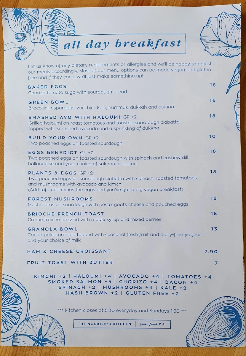 Menu, The Nourish’d Kitchen Cafe